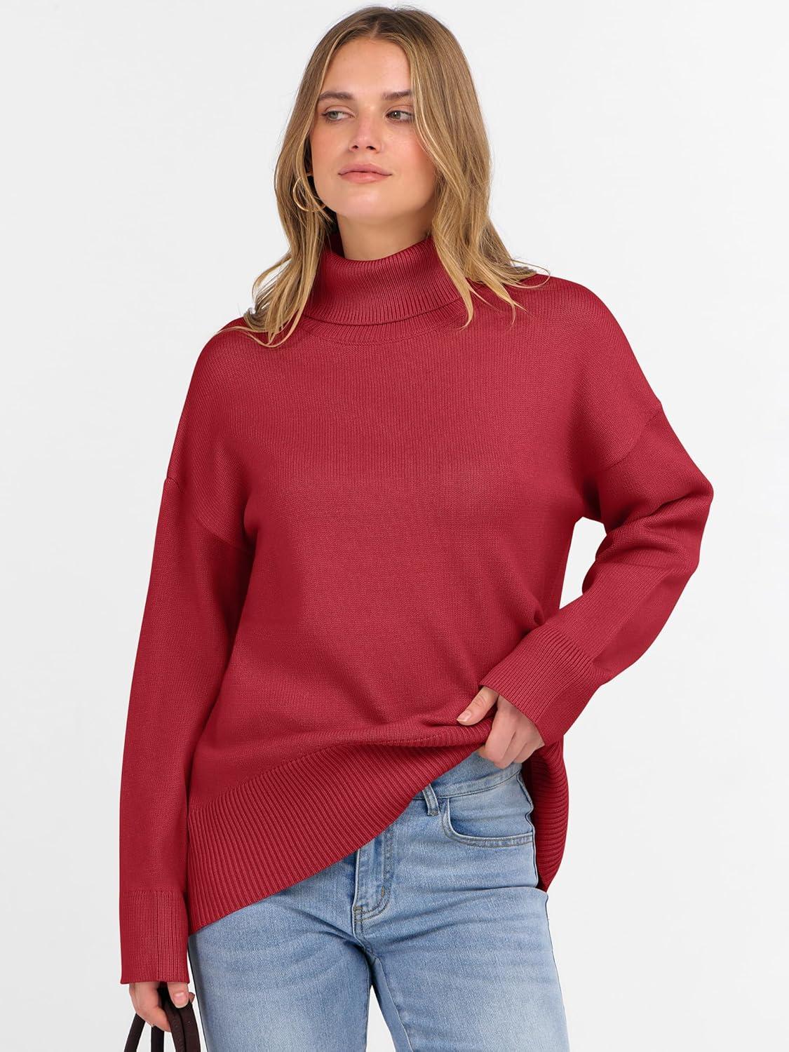 imageANRABESS Womens Turtleneck Sweaters Oversized Chunky Long Sleeve Knit High Low Hem Pullover Top 2025 Fall Winter FashionRed