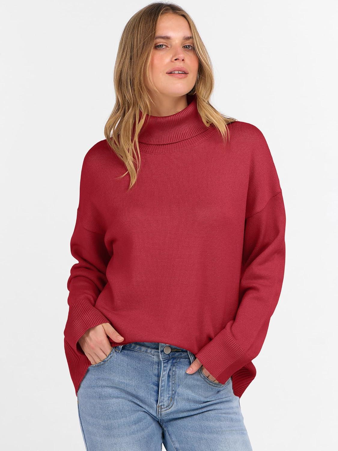 imageANRABESS Womens Turtleneck Sweaters Oversized Chunky Long Sleeve Knit High Low Hem Pullover Top 2025 Fall Winter FashionRed