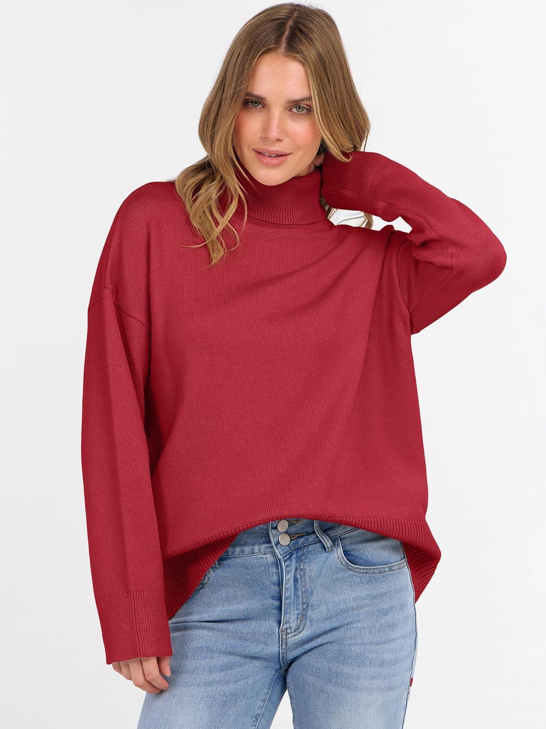 imageANRABESS Womens Turtleneck Sweaters Oversized Chunky Long Sleeve Knit High Low Hem Pullover Top 2025 Fall Winter FashionRed