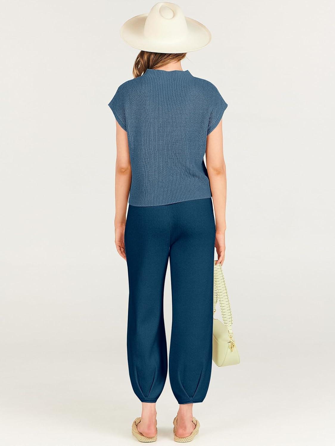 imageANRABESS Womens Two Piece Outfits Knit Sweater Vest Crop Top Pants Lounge Matching Tracksuit Sweatsuit Travel Clothes SetsDeep Blue