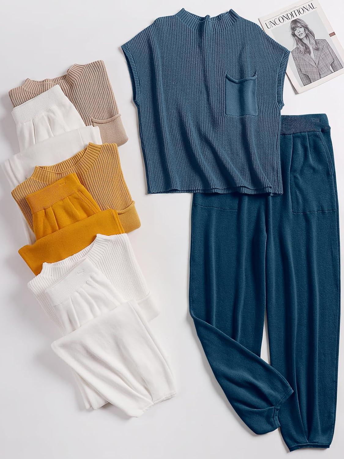 imageANRABESS Womens Two Piece Outfits Knit Sweater Vest Crop Top Pants Lounge Matching Tracksuit Sweatsuit Travel Clothes SetsDeep Blue