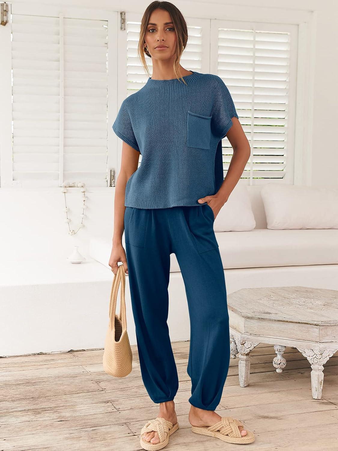 imageANRABESS Womens Two Piece Outfits Knit Sweater Vest Crop Top Pants Lounge Matching Tracksuit Sweatsuit Travel Clothes SetsDeep Blue