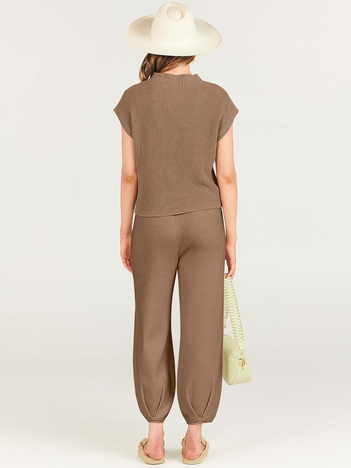 imageANRABESS Womens Two Piece Outfits Knit Sweater Vest Crop Top Pants Lounge Matching Tracksuit Sweatsuit Travel Clothes SetsDeep Brown