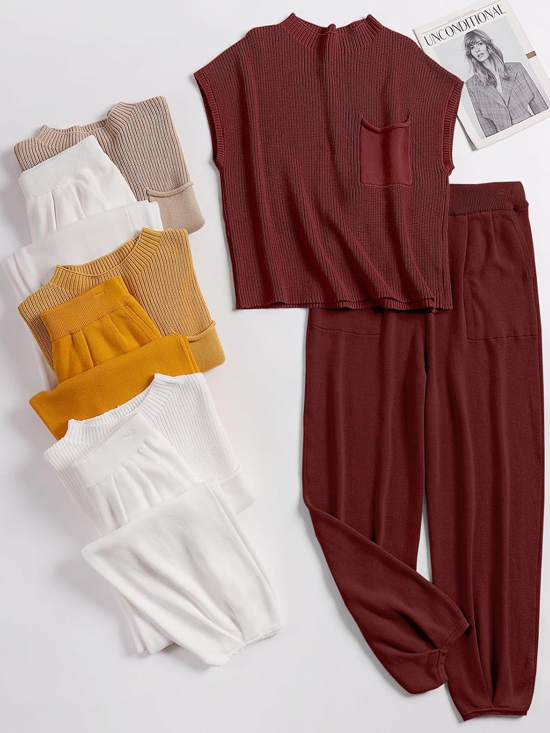 imageANRABESS Womens Two Piece Outfits Knit Sweater Vest Crop Top Pants Lounge Matching Tracksuit Sweatsuit Travel Clothes SetsMaroon Red