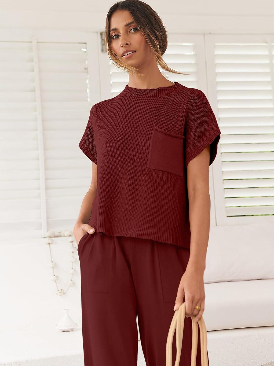 imageANRABESS Womens Two Piece Outfits Knit Sweater Vest Crop Top Pants Lounge Matching Tracksuit Sweatsuit Travel Clothes SetsMaroon Red