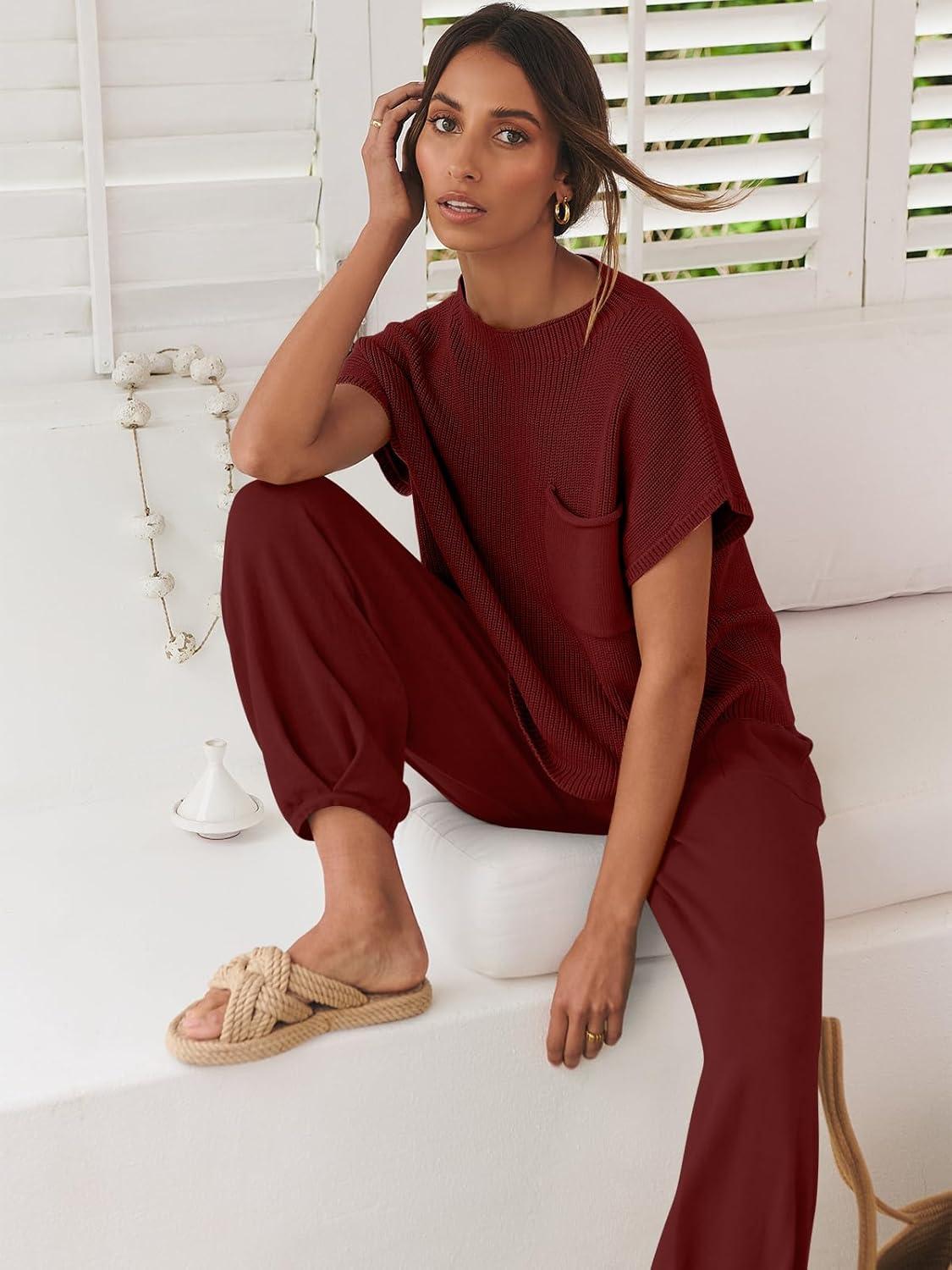 imageANRABESS Womens Two Piece Outfits Knit Sweater Vest Crop Top Pants Lounge Matching Tracksuit Sweatsuit Travel Clothes SetsMaroon Red