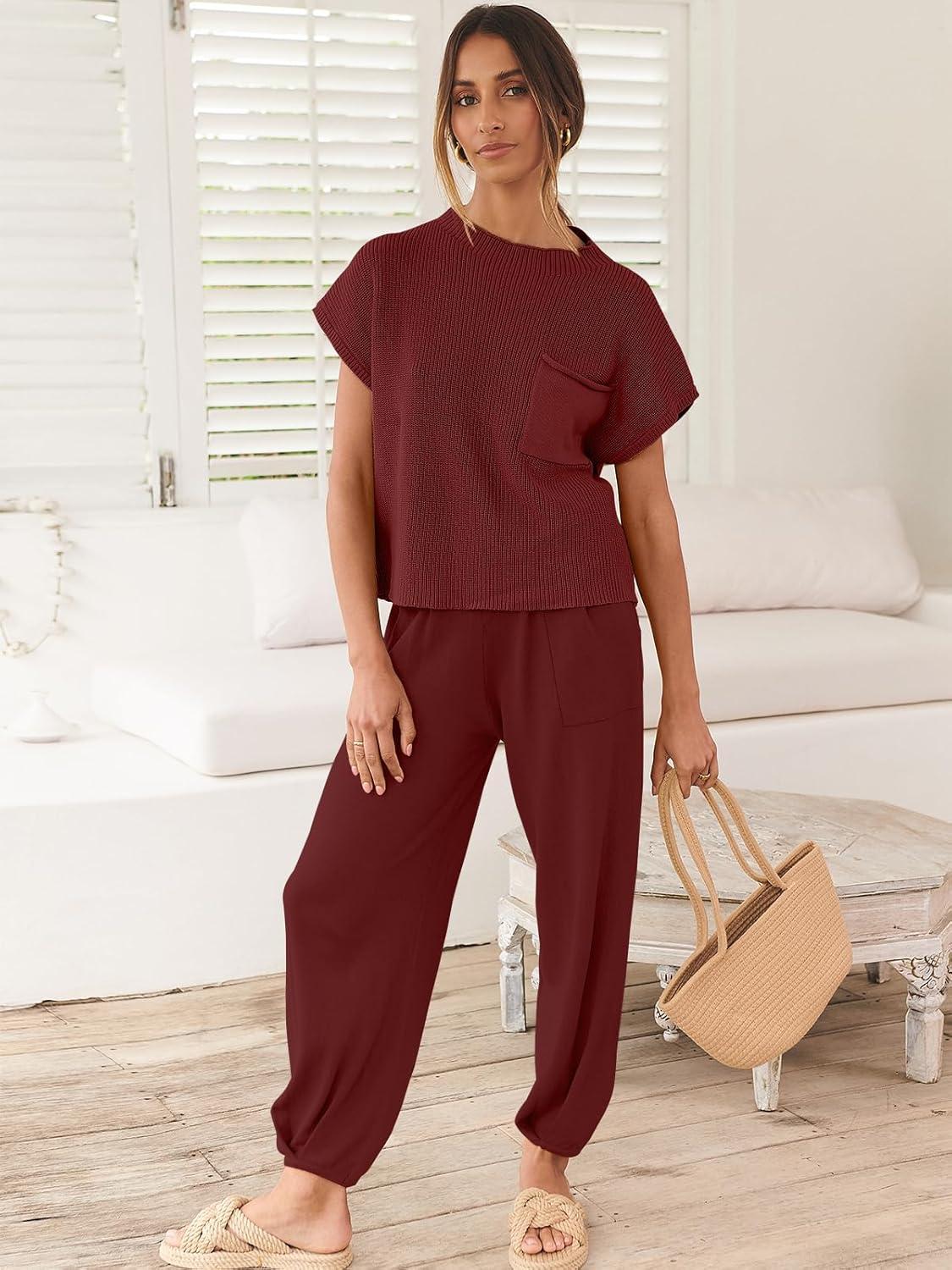 imageANRABESS Womens Two Piece Outfits Knit Sweater Vest Crop Top Pants Lounge Matching Tracksuit Sweatsuit Travel Clothes SetsMaroon Red