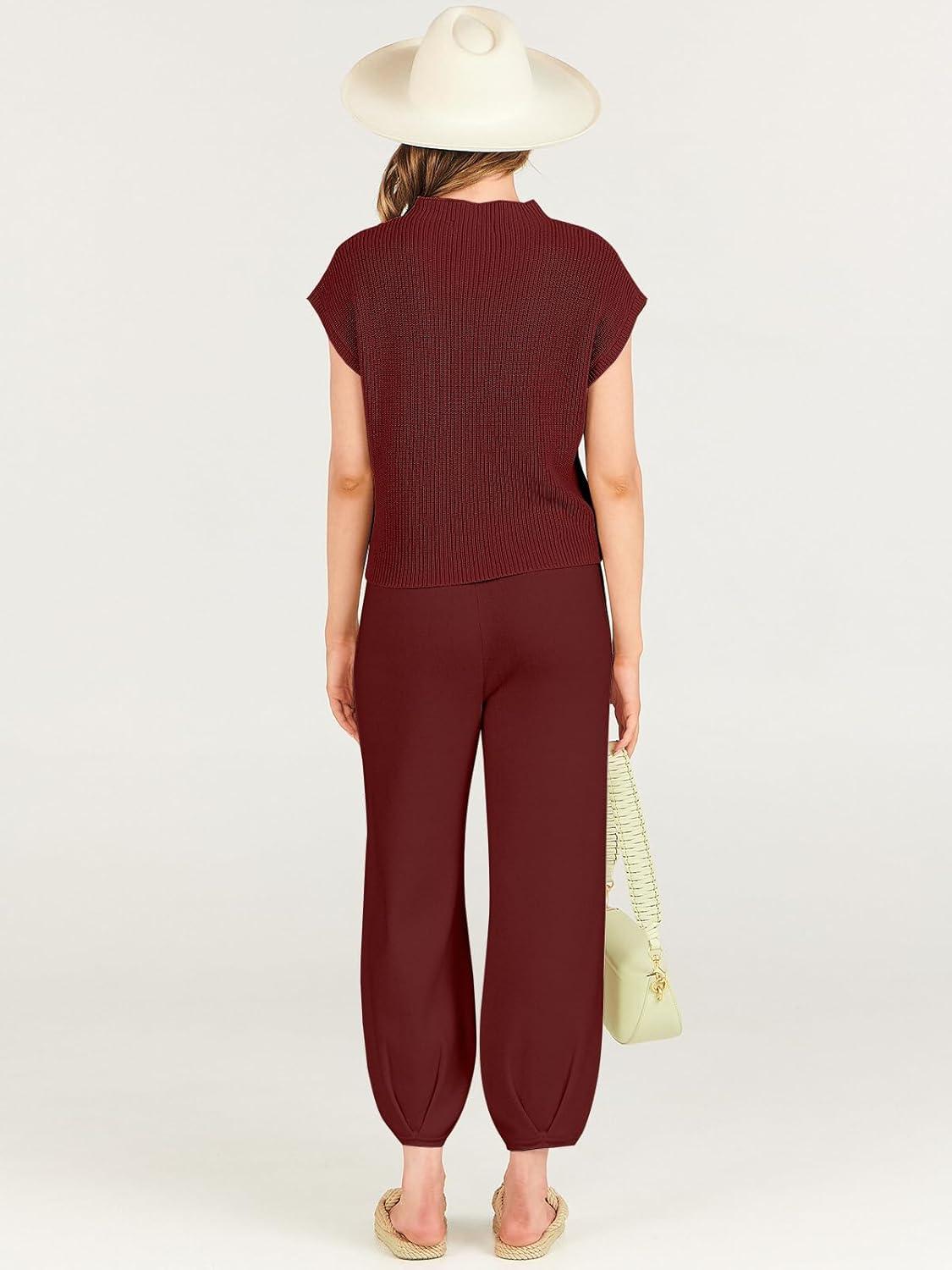 imageANRABESS Womens Two Piece Outfits Knit Sweater Vest Crop Top Pants Lounge Matching Tracksuit Sweatsuit Travel Clothes SetsMaroon Red