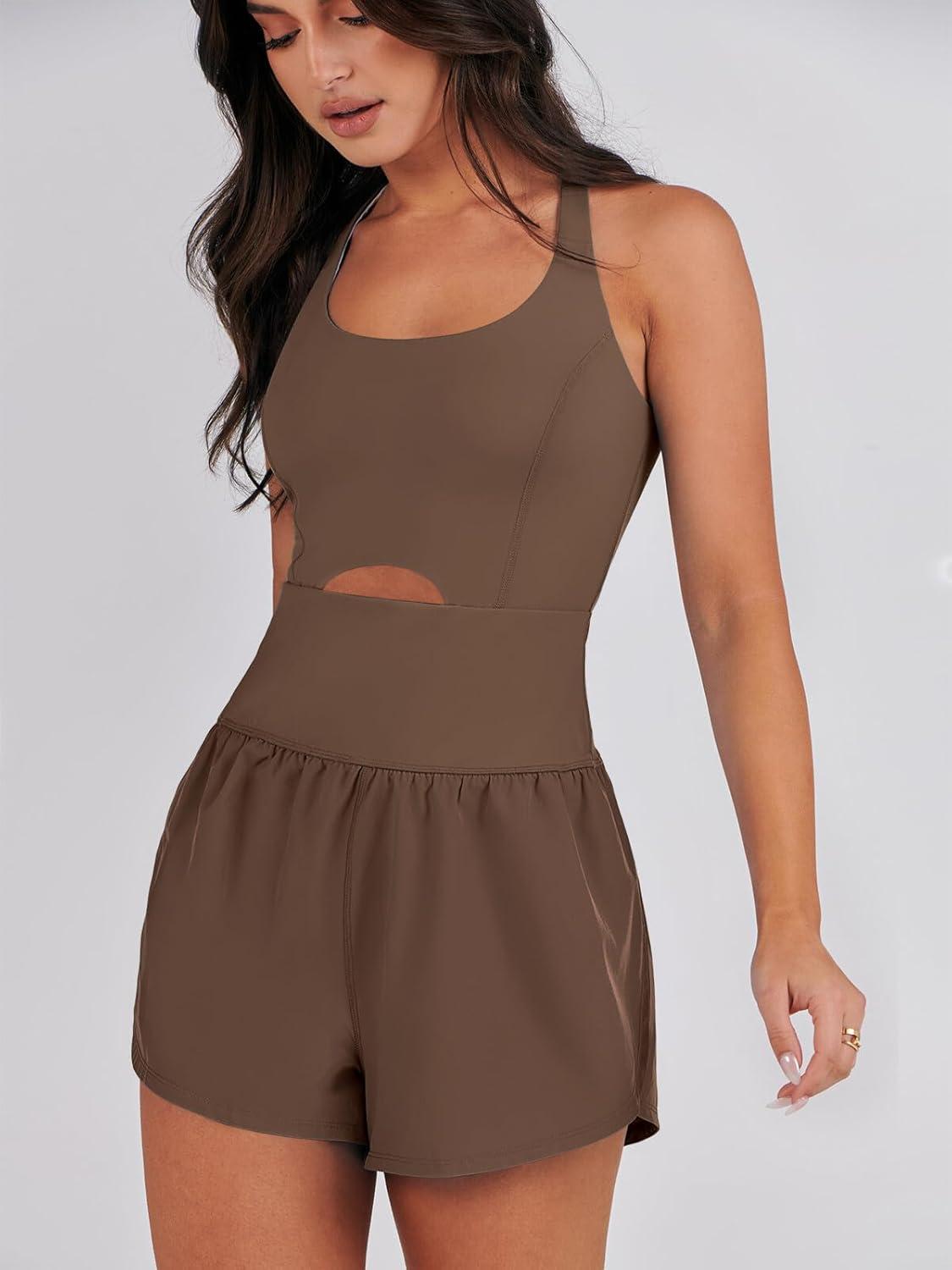 imageCaracilia Womens Workout Athletic Romper Summer Sets Short Jumpsuits Onesie Running Outfits Exercise Gym 2025 Trendy ClothesCoffee