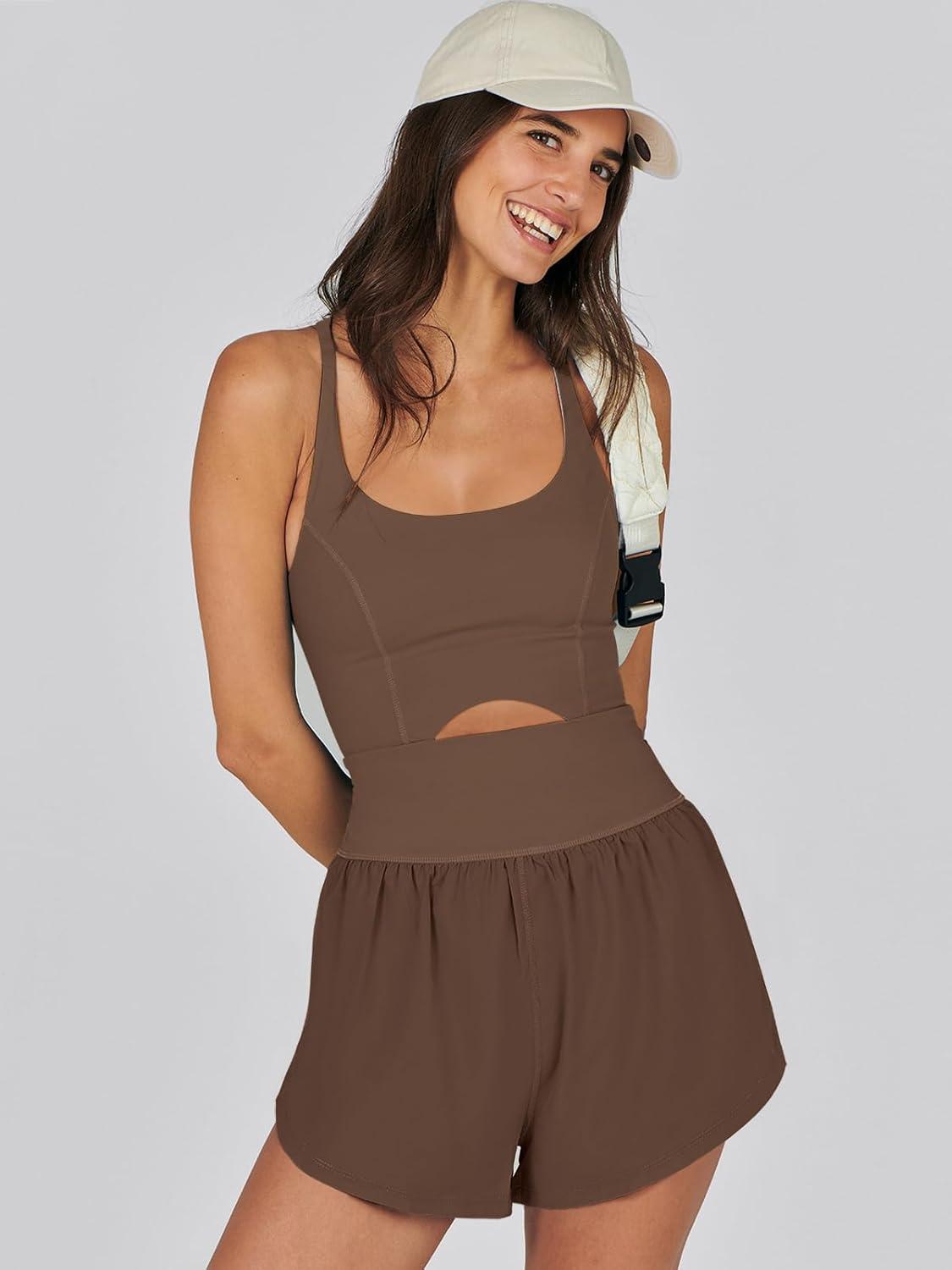 imageCaracilia Womens Workout Athletic Romper Summer Sets Short Jumpsuits Onesie Running Outfits Exercise Gym 2025 Trendy ClothesCoffee