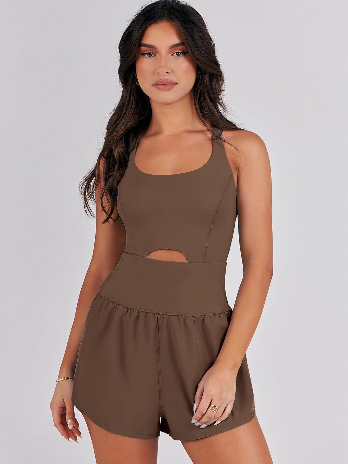 imageCaracilia Womens Workout Athletic Romper Summer Sets Short Jumpsuits Onesie Running Outfits Exercise Gym 2025 Trendy ClothesCoffee