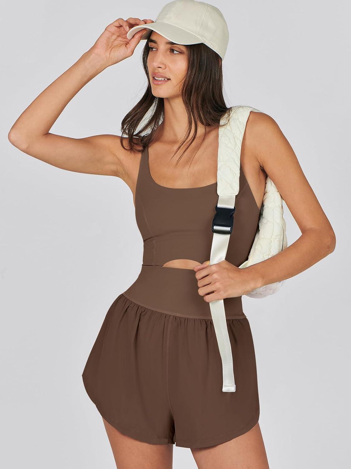 imageCaracilia Womens Workout Athletic Romper Summer Sets Short Jumpsuits Onesie Running Outfits Exercise Gym 2025 Trendy ClothesCoffee