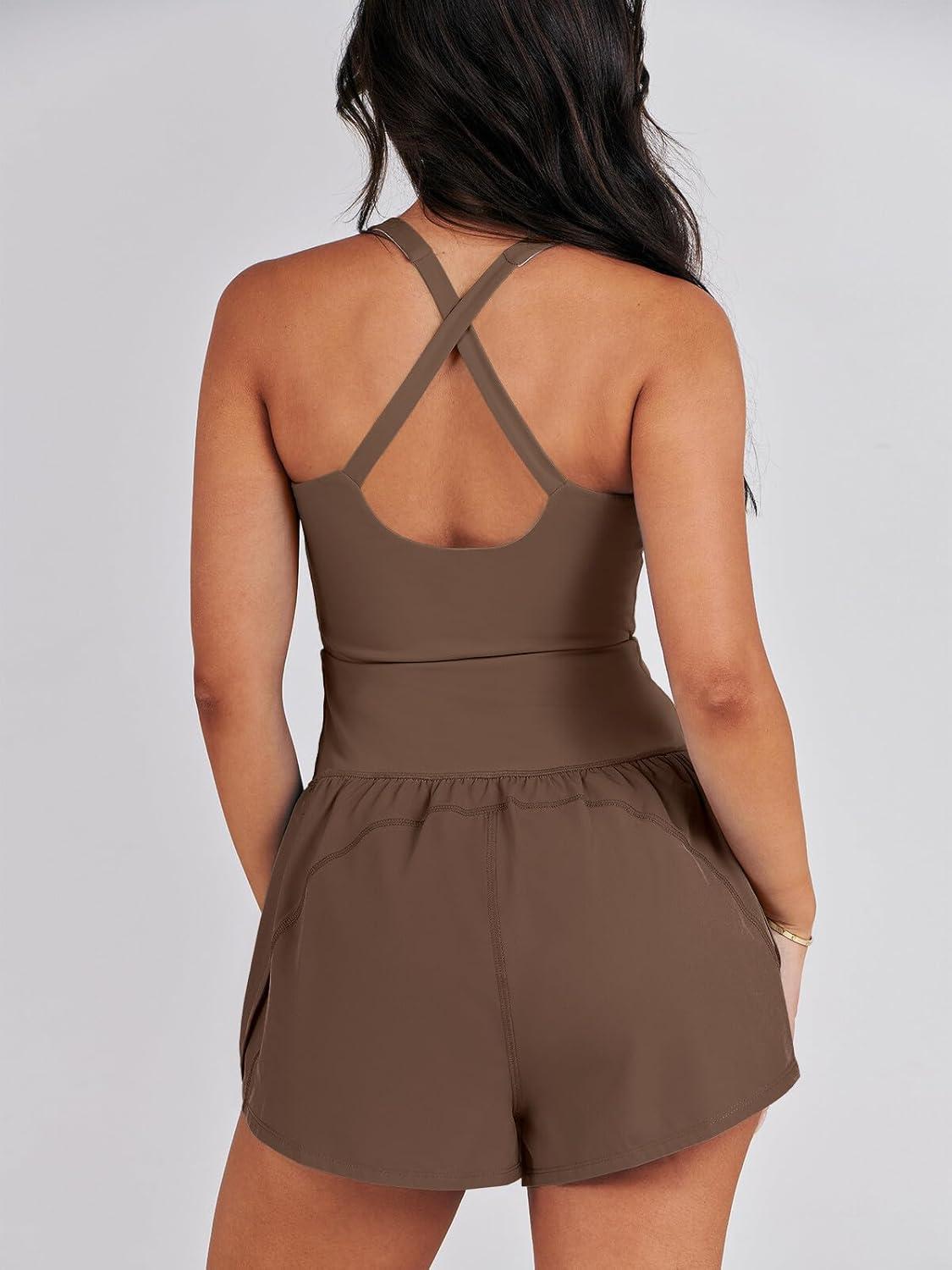 imageCaracilia Womens Workout Athletic Romper Summer Sets Short Jumpsuits Onesie Running Outfits Exercise Gym 2025 Trendy ClothesCoffee