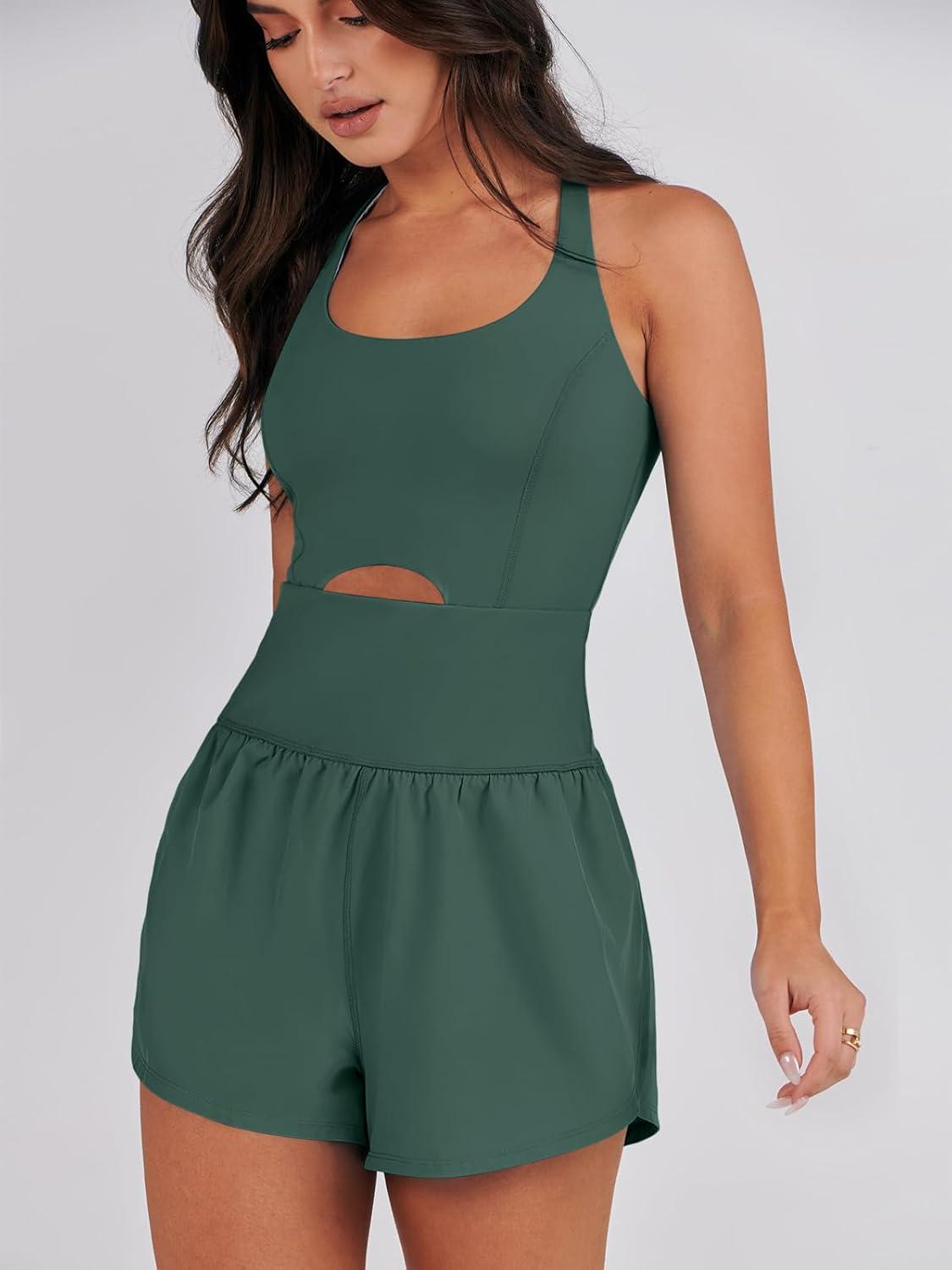 imageCaracilia Womens Workout Athletic Romper Summer Sets Short Jumpsuits Onesie Running Outfits Exercise Gym 2025 Trendy ClothesDark Green
