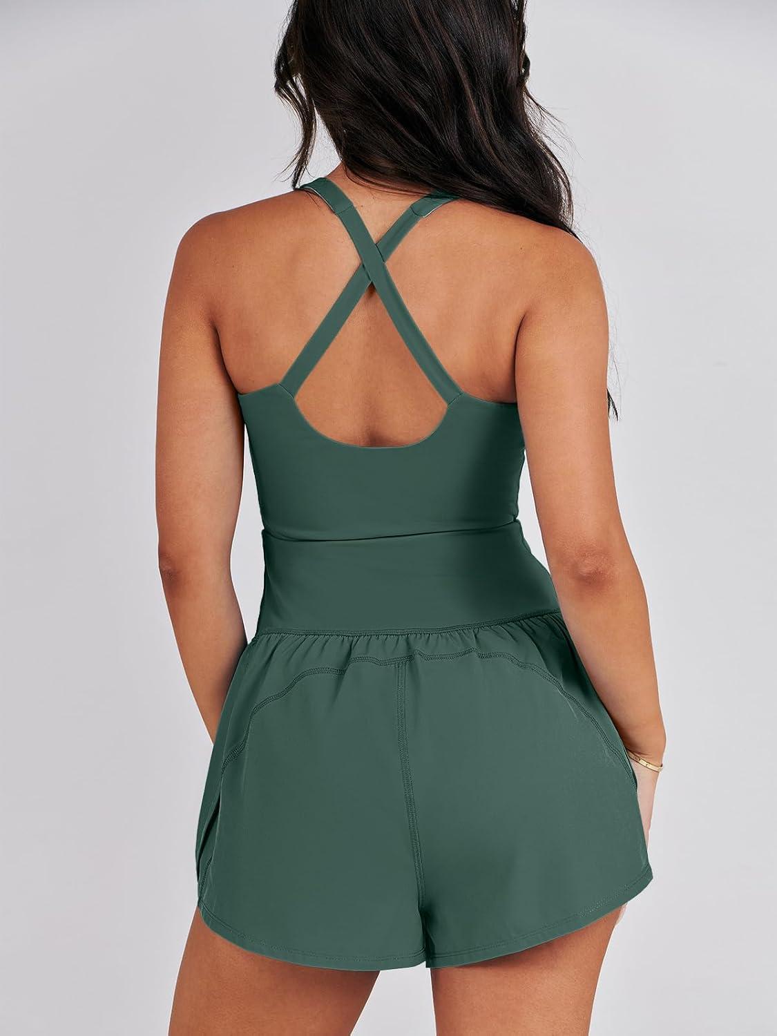 imageCaracilia Womens Workout Athletic Romper Summer Sets Short Jumpsuits Onesie Running Outfits Exercise Gym 2025 Trendy ClothesDark Green