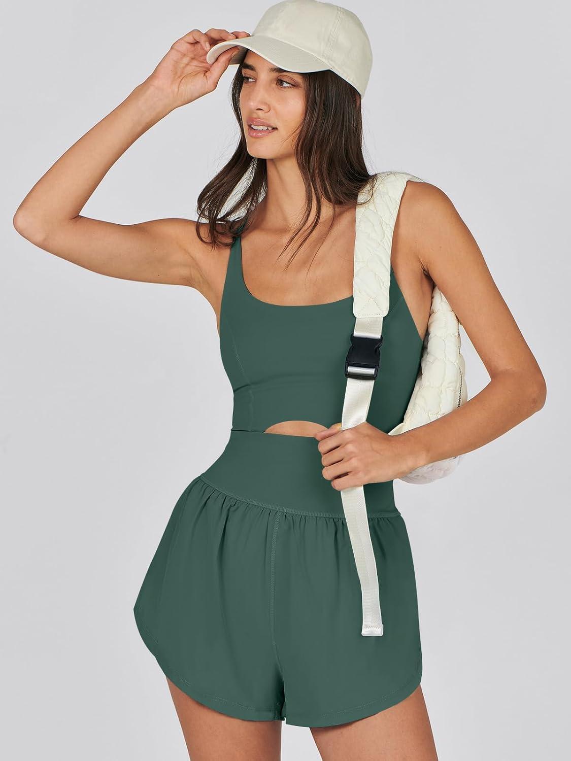 imageCaracilia Womens Workout Athletic Romper Summer Sets Short Jumpsuits Onesie Running Outfits Exercise Gym 2025 Trendy ClothesDark Green