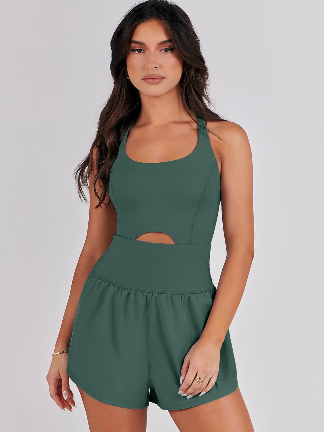 imageCaracilia Womens Workout Athletic Romper Summer Sets Short Jumpsuits Onesie Running Outfits Exercise Gym 2025 Trendy ClothesDark Green