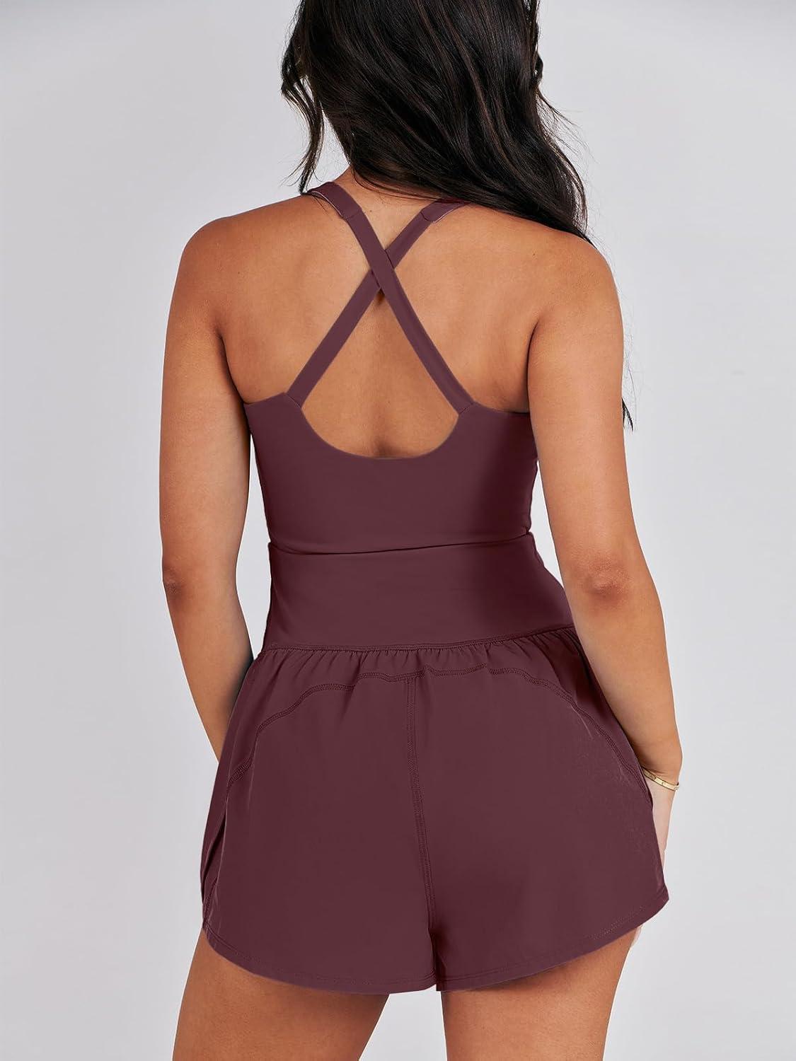 imageCaracilia Womens Workout Athletic Romper Summer Sets Short Jumpsuits Onesie Running Outfits Exercise Gym 2025 Trendy ClothesDeep Red Brown