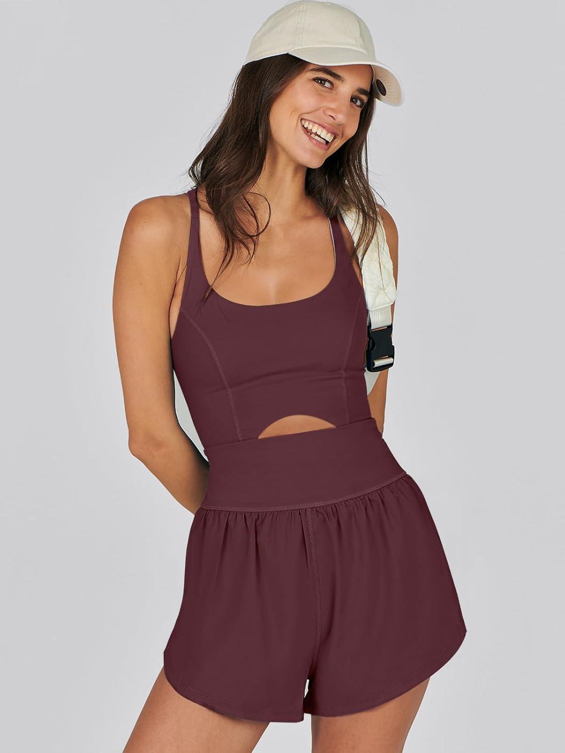 imageCaracilia Womens Workout Athletic Romper Summer Sets Short Jumpsuits Onesie Running Outfits Exercise Gym 2025 Trendy ClothesDeep Red Brown