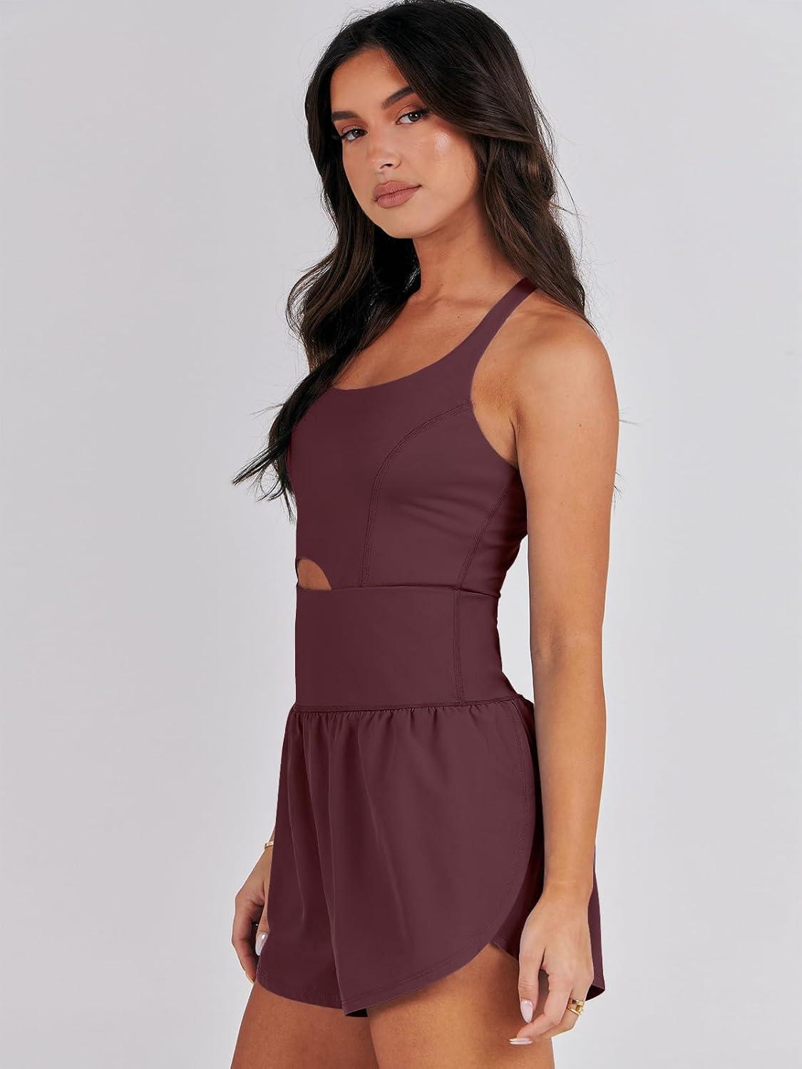 imageCaracilia Womens Workout Athletic Romper Summer Sets Short Jumpsuits Onesie Running Outfits Exercise Gym 2025 Trendy ClothesDeep Red Brown