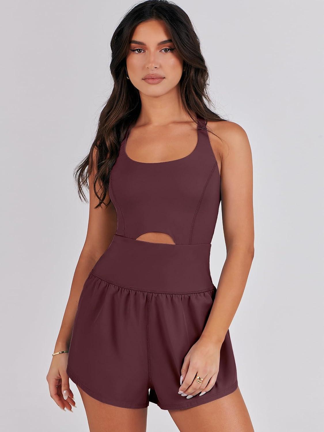 imageCaracilia Womens Workout Athletic Romper Summer Sets Short Jumpsuits Onesie Running Outfits Exercise Gym 2025 Trendy ClothesDeep Red Brown