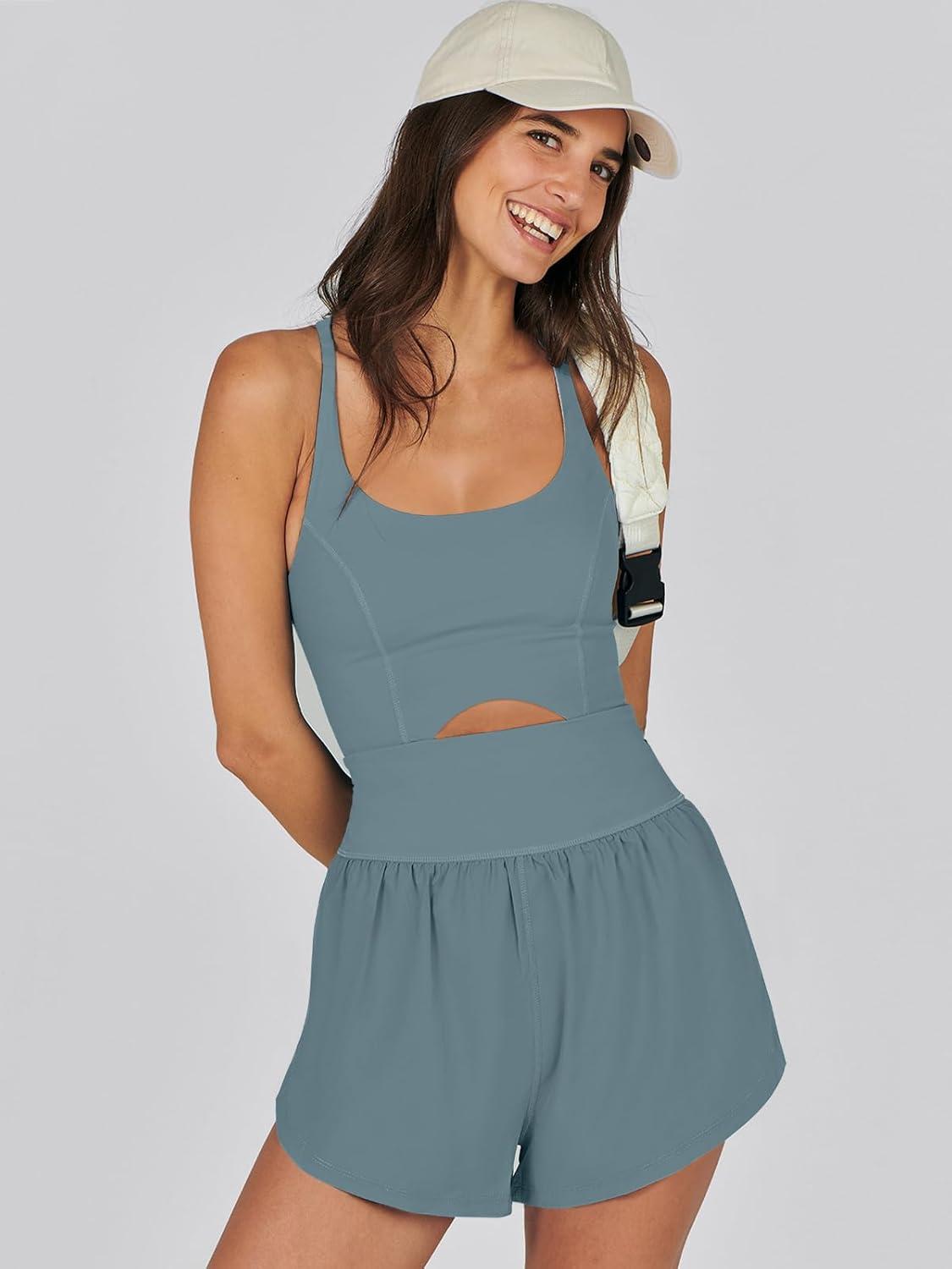 imageCaracilia Womens Workout Athletic Romper Summer Sets Short Jumpsuits Onesie Running Outfits Exercise Gym 2025 Trendy ClothesGrayblue