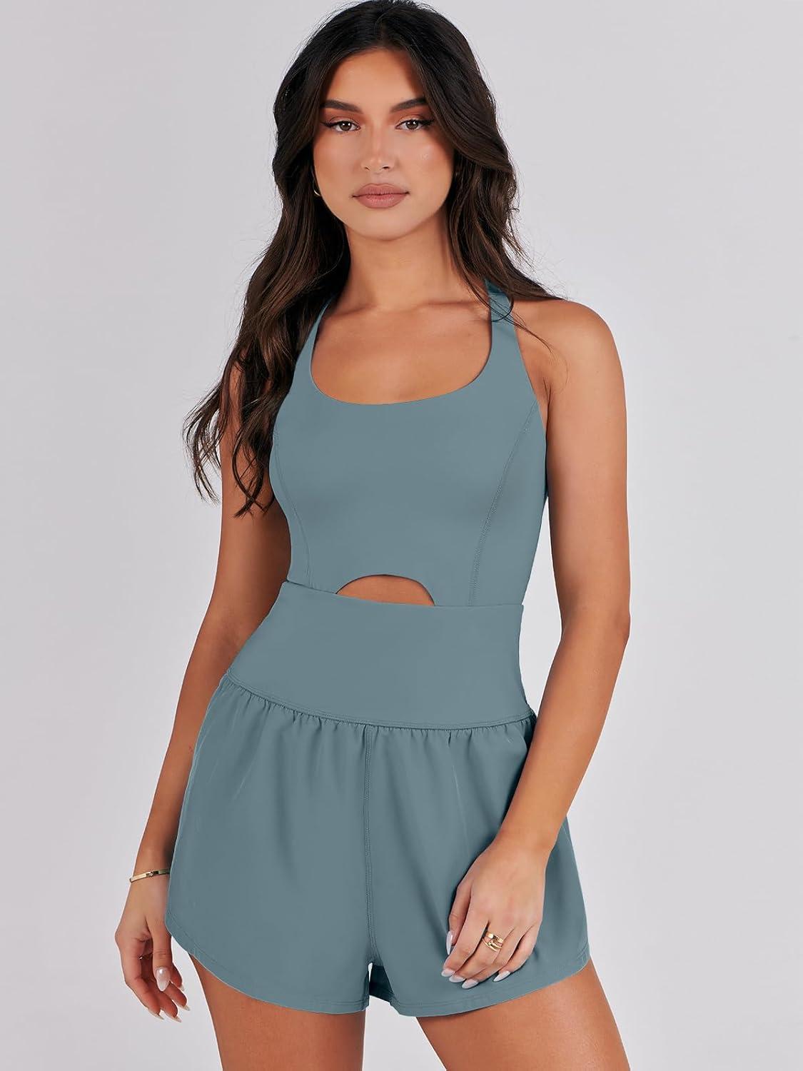 imageCaracilia Womens Workout Athletic Romper Summer Sets Short Jumpsuits Onesie Running Outfits Exercise Gym 2025 Trendy ClothesGrayblue