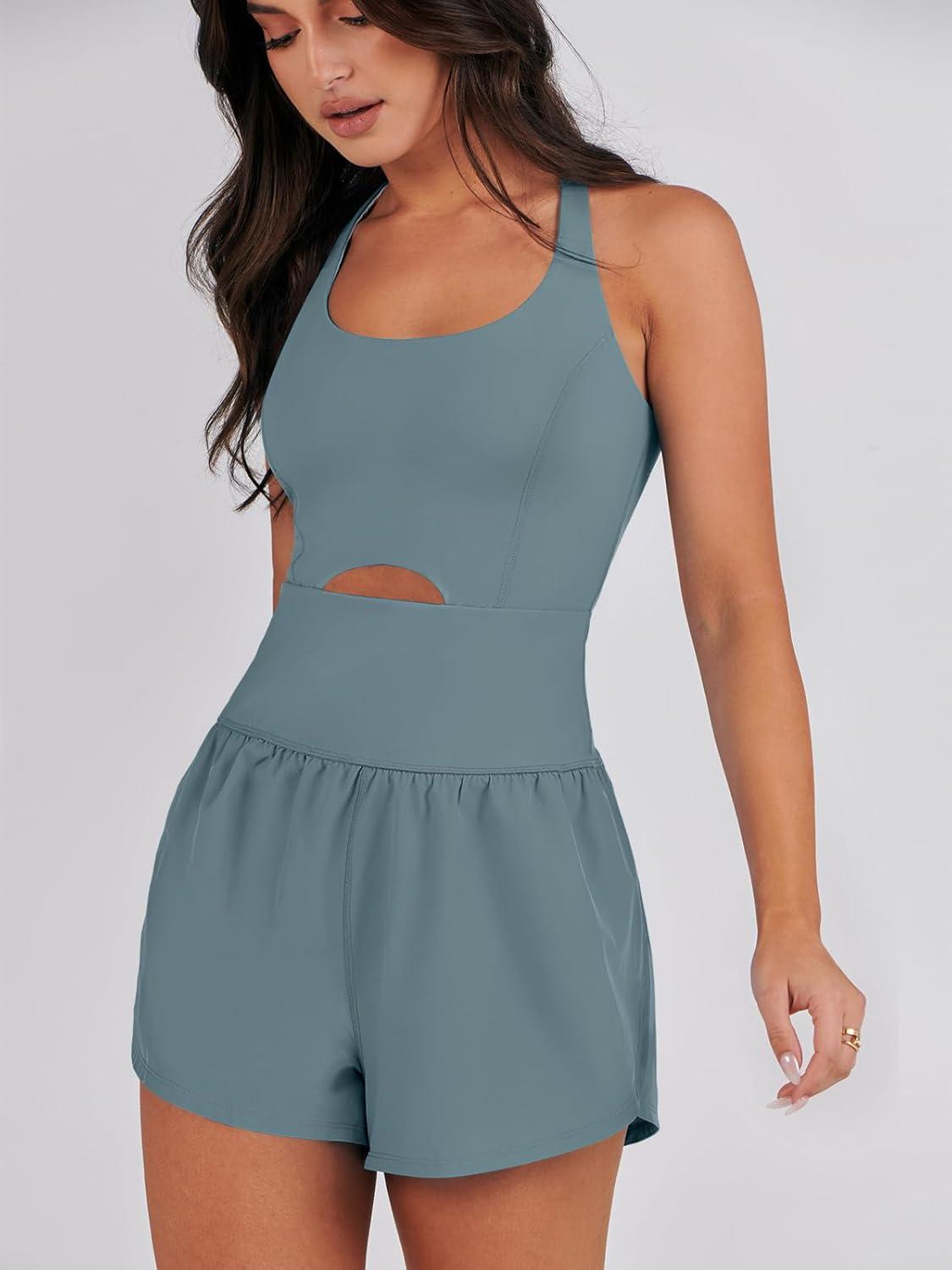 imageCaracilia Womens Workout Athletic Romper Summer Sets Short Jumpsuits Onesie Running Outfits Exercise Gym 2025 Trendy ClothesGrayblue