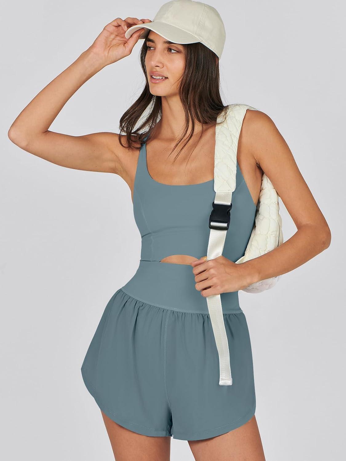 imageCaracilia Womens Workout Athletic Romper Summer Sets Short Jumpsuits Onesie Running Outfits Exercise Gym 2025 Trendy ClothesGrayblue