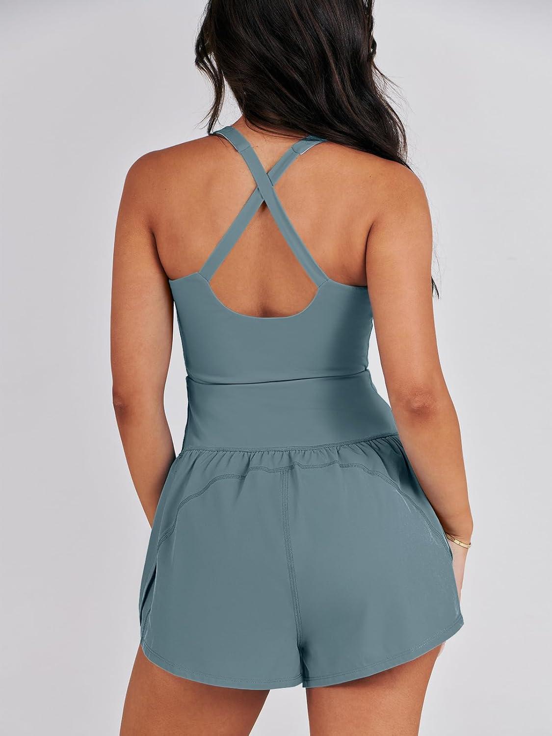 imageCaracilia Womens Workout Athletic Romper Summer Sets Short Jumpsuits Onesie Running Outfits Exercise Gym 2025 Trendy ClothesGrayblue