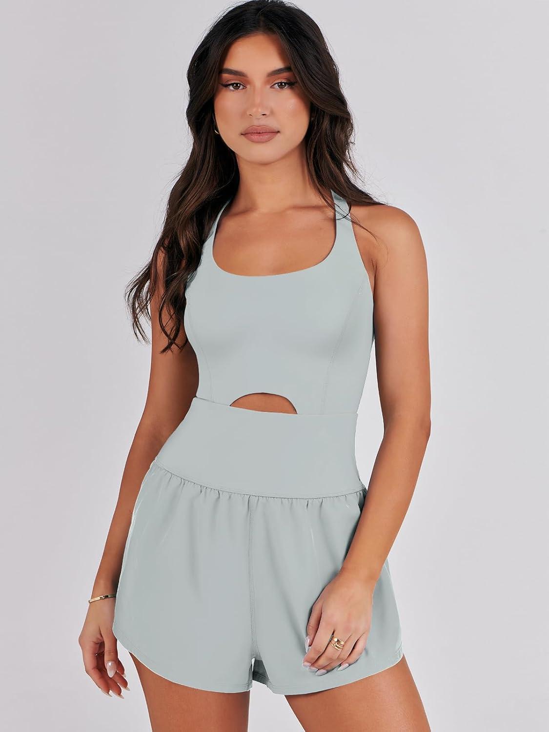 imageCaracilia Womens Workout Athletic Romper Summer Sets Short Jumpsuits Onesie Running Outfits Exercise Gym 2025 Trendy ClothesLight Green