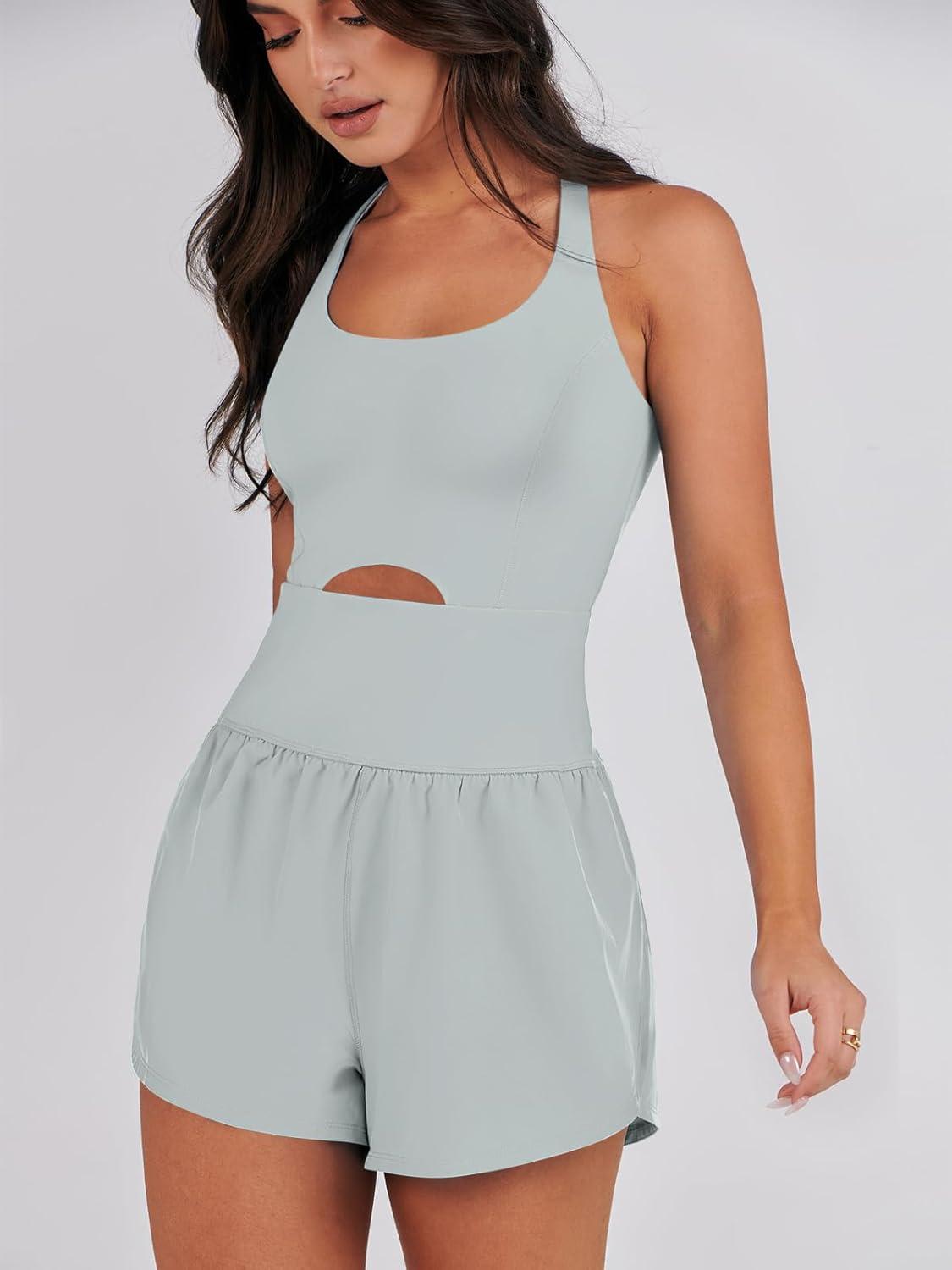 imageCaracilia Womens Workout Athletic Romper Summer Sets Short Jumpsuits Onesie Running Outfits Exercise Gym 2025 Trendy ClothesLight Green