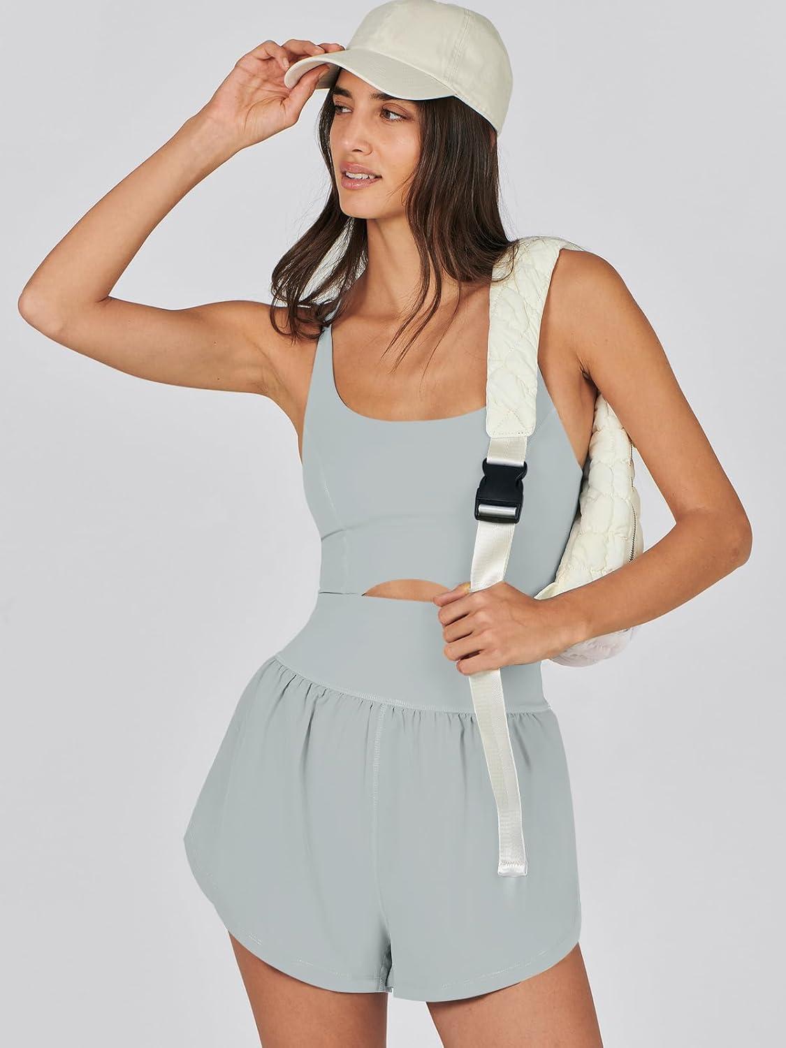 imageCaracilia Womens Workout Athletic Romper Summer Sets Short Jumpsuits Onesie Running Outfits Exercise Gym 2025 Trendy ClothesLight Green