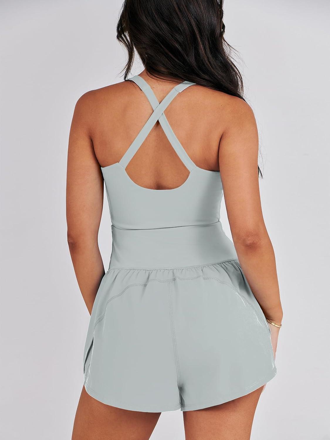 imageCaracilia Womens Workout Athletic Romper Summer Sets Short Jumpsuits Onesie Running Outfits Exercise Gym 2025 Trendy ClothesLight Green