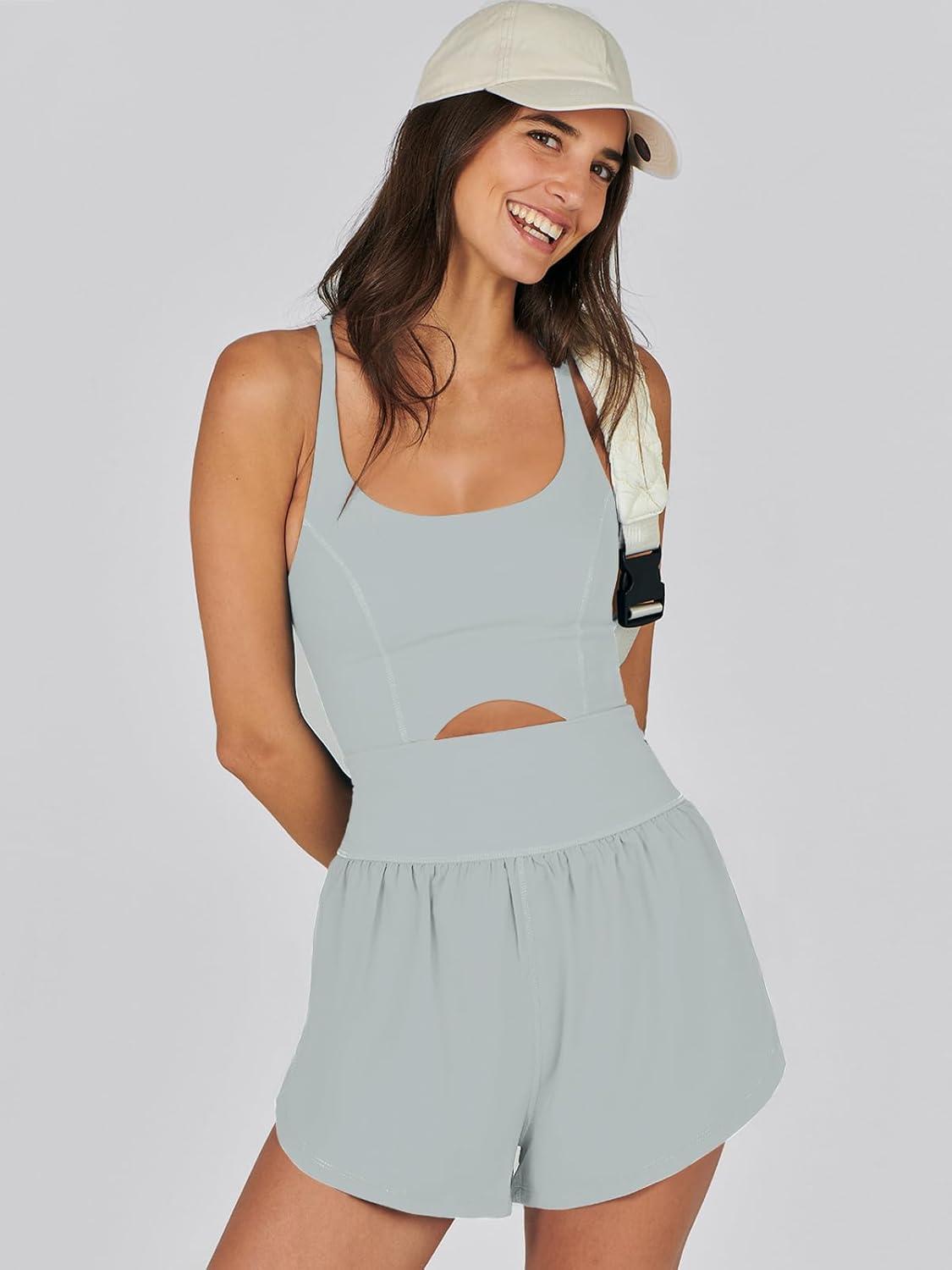 imageCaracilia Womens Workout Athletic Romper Summer Sets Short Jumpsuits Onesie Running Outfits Exercise Gym 2025 Trendy ClothesLight Green