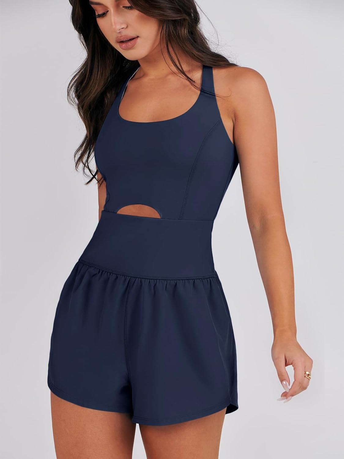 imageCaracilia Womens Workout Athletic Romper Summer Sets Short Jumpsuits Onesie Running Outfits Exercise Gym 2025 Trendy ClothesNavy Blue