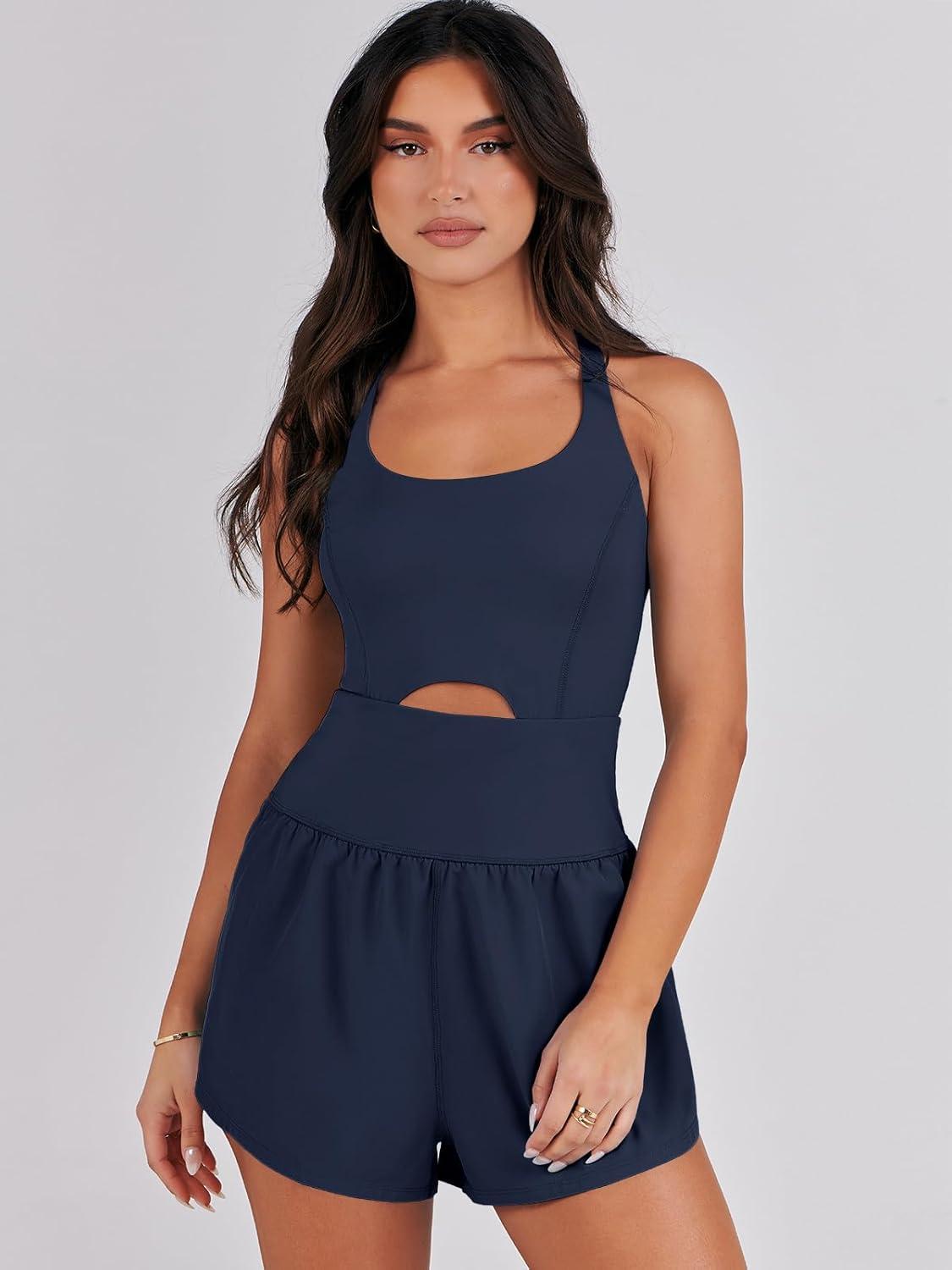 imageCaracilia Womens Workout Athletic Romper Summer Sets Short Jumpsuits Onesie Running Outfits Exercise Gym 2025 Trendy ClothesNavy Blue