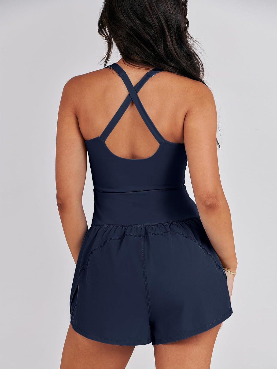 imageCaracilia Womens Workout Athletic Romper Summer Sets Short Jumpsuits Onesie Running Outfits Exercise Gym 2025 Trendy ClothesNavy Blue