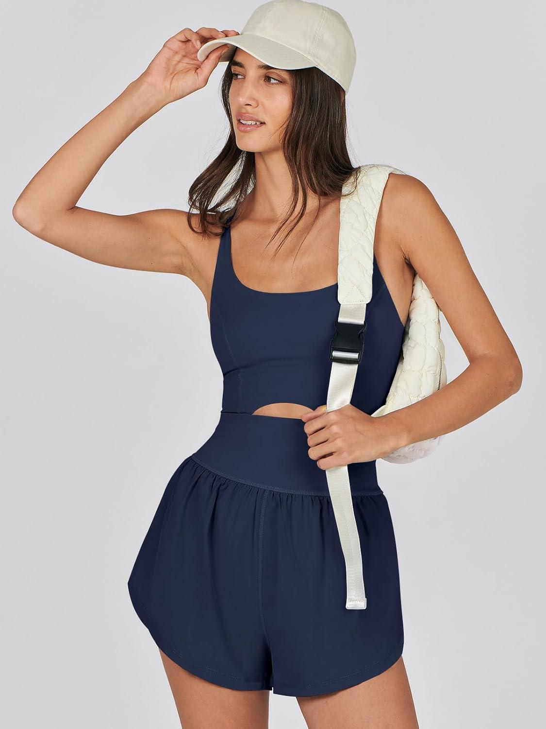 imageCaracilia Womens Workout Athletic Romper Summer Sets Short Jumpsuits Onesie Running Outfits Exercise Gym 2025 Trendy ClothesNavy Blue