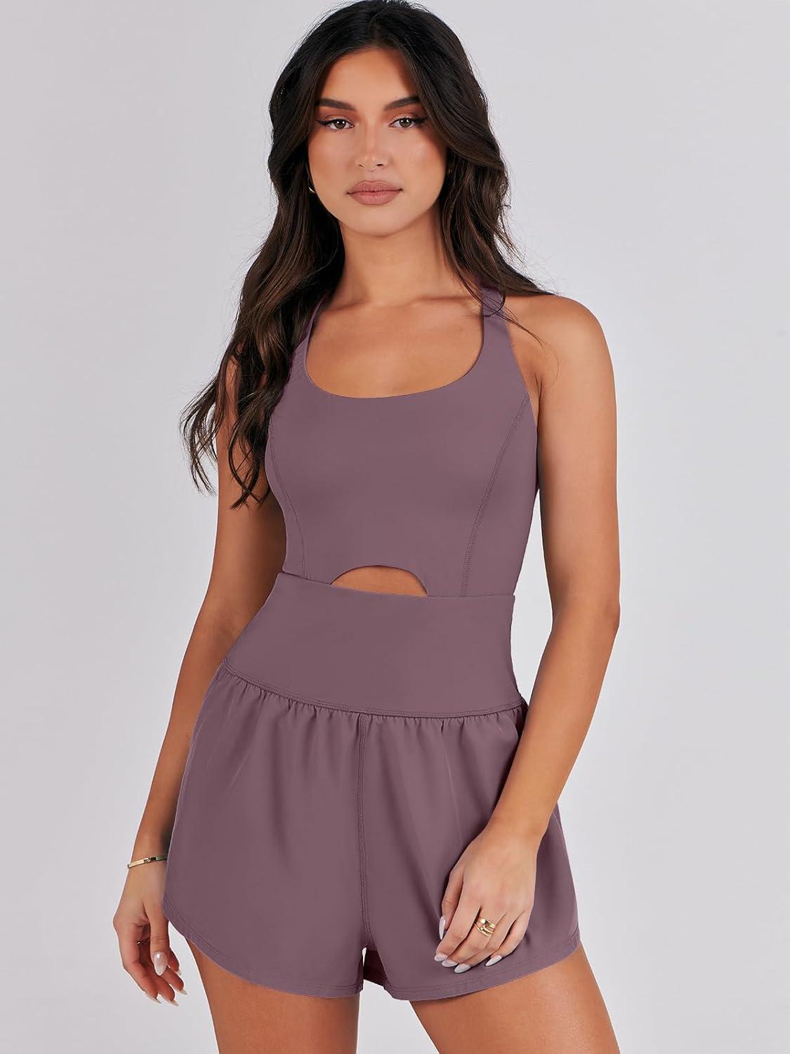 imageCaracilia Womens Workout Athletic Romper Summer Sets Short Jumpsuits Onesie Running Outfits Exercise Gym 2025 Trendy ClothesNutmeg