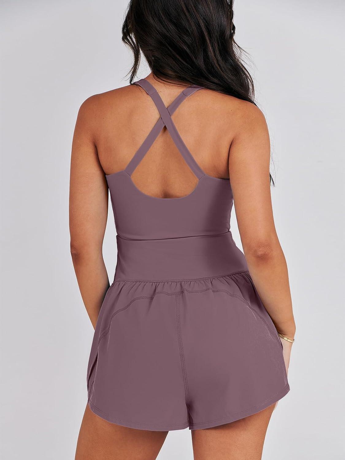 imageCaracilia Womens Workout Athletic Romper Summer Sets Short Jumpsuits Onesie Running Outfits Exercise Gym 2025 Trendy ClothesNutmeg