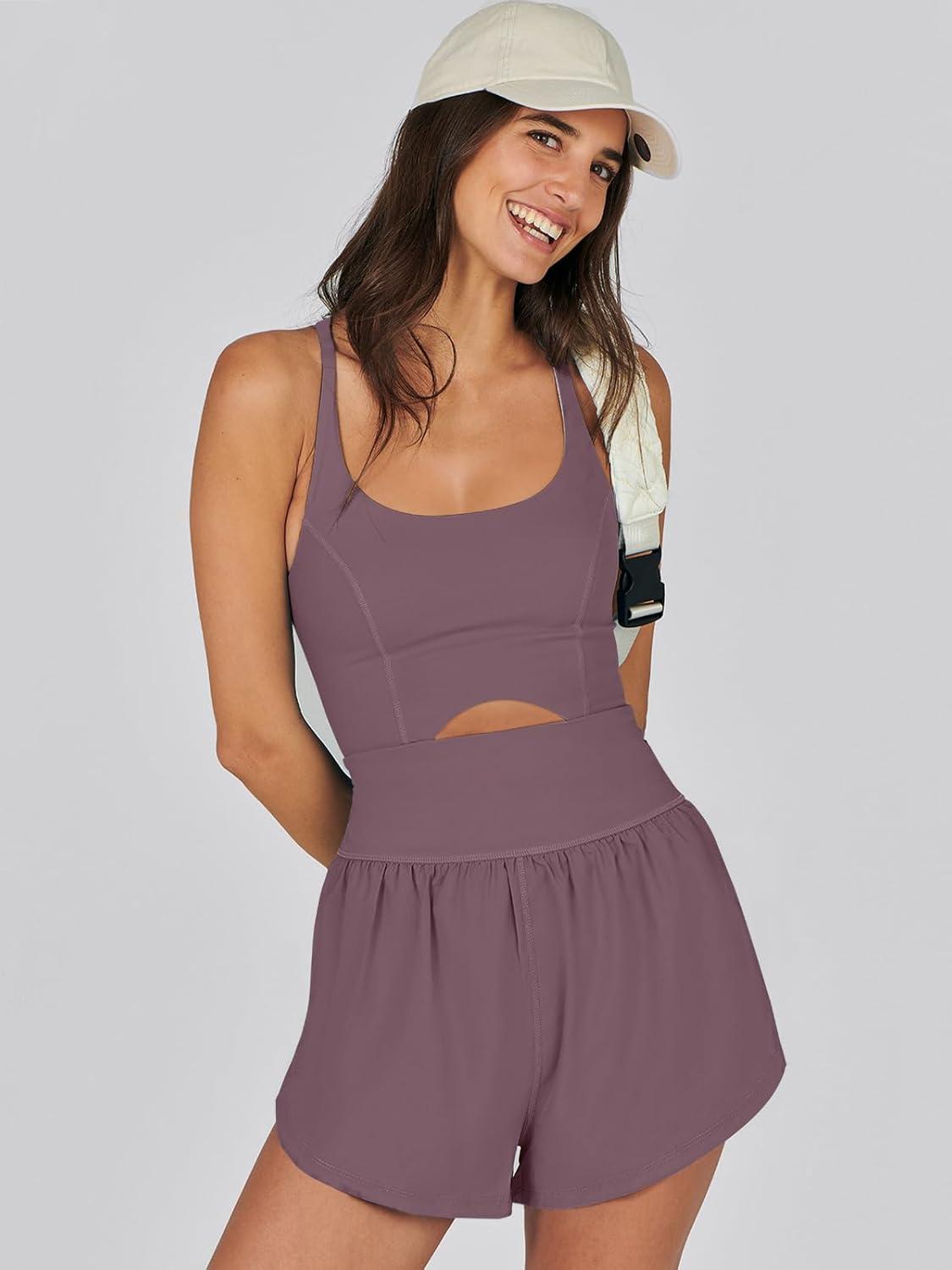 imageCaracilia Womens Workout Athletic Romper Summer Sets Short Jumpsuits Onesie Running Outfits Exercise Gym 2025 Trendy ClothesNutmeg