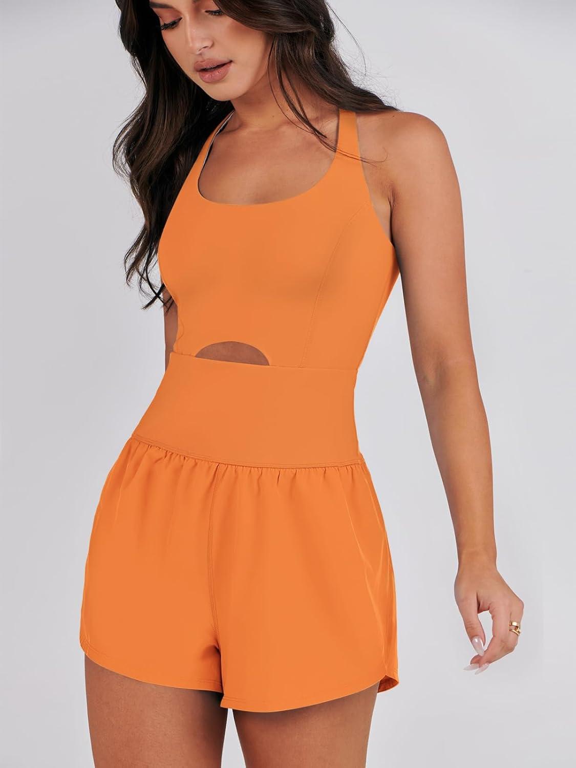 imageCaracilia Womens Workout Athletic Romper Summer Sets Short Jumpsuits Onesie Running Outfits Exercise Gym 2025 Trendy ClothesOrange