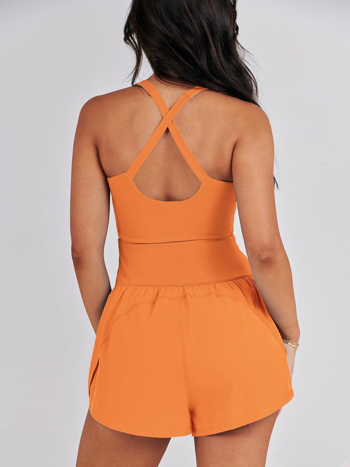 imageCaracilia Womens Workout Athletic Romper Summer Sets Short Jumpsuits Onesie Running Outfits Exercise Gym 2025 Trendy ClothesOrange