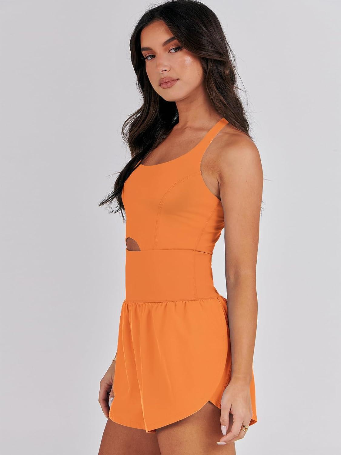 imageCaracilia Womens Workout Athletic Romper Summer Sets Short Jumpsuits Onesie Running Outfits Exercise Gym 2025 Trendy ClothesOrange