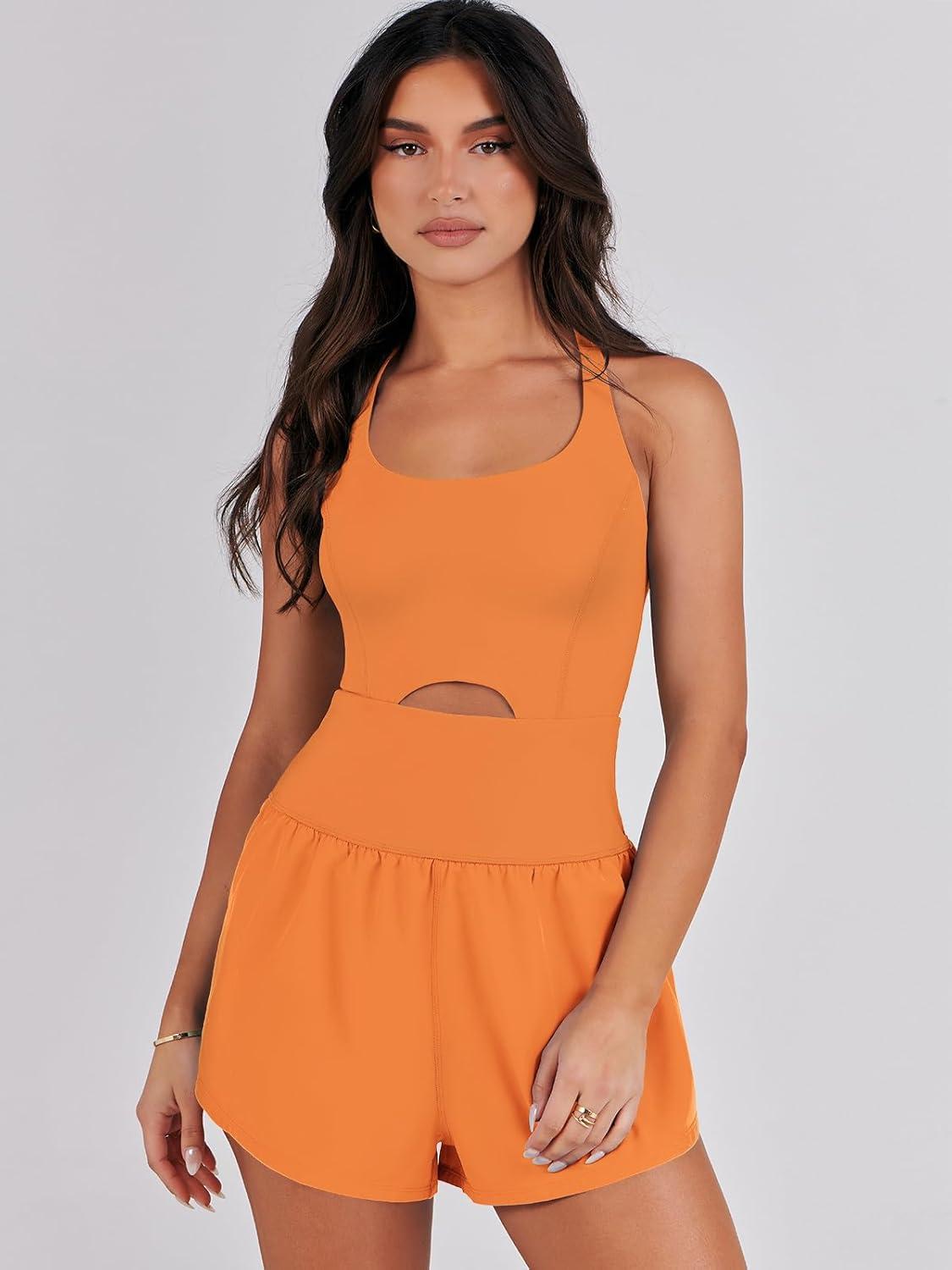 imageCaracilia Womens Workout Athletic Romper Summer Sets Short Jumpsuits Onesie Running Outfits Exercise Gym 2025 Trendy ClothesOrange