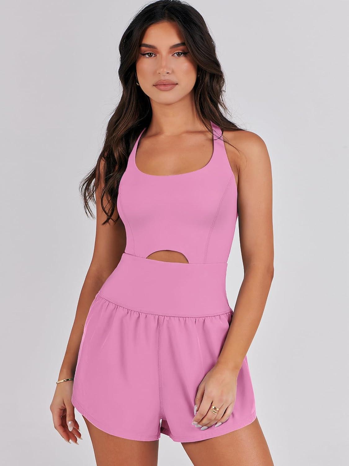 imageCaracilia Womens Workout Athletic Romper Summer Sets Short Jumpsuits Onesie Running Outfits Exercise Gym 2025 Trendy ClothesPink