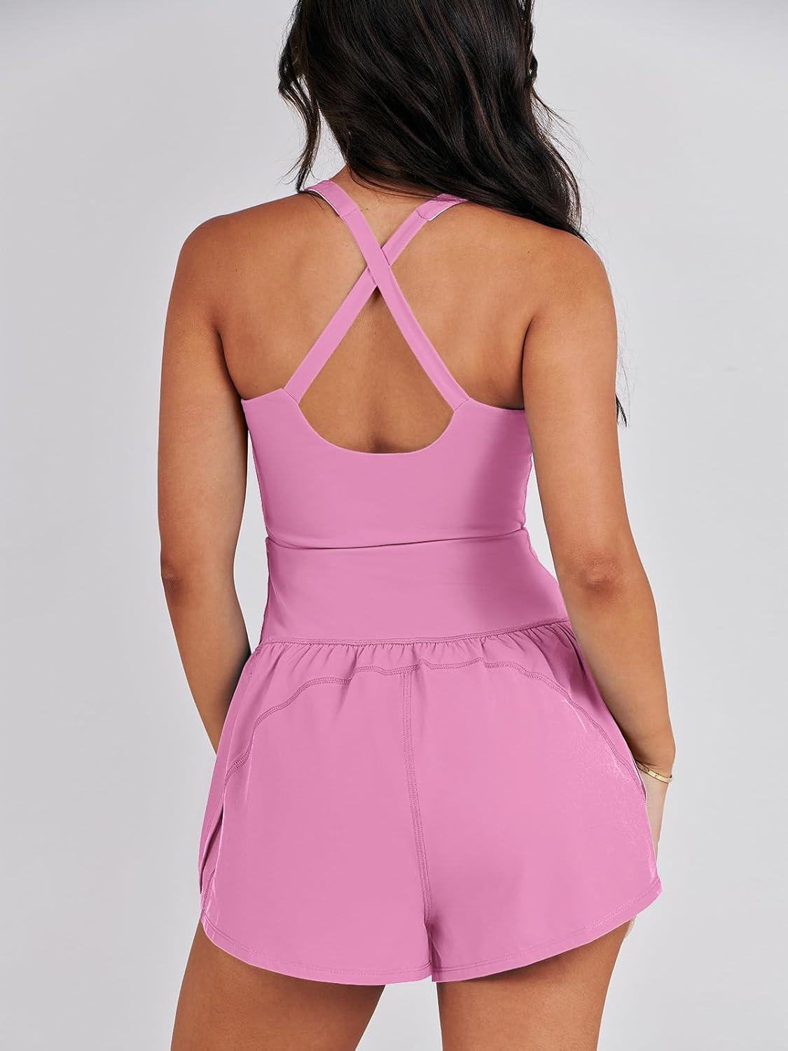imageCaracilia Womens Workout Athletic Romper Summer Sets Short Jumpsuits Onesie Running Outfits Exercise Gym 2025 Trendy ClothesPink