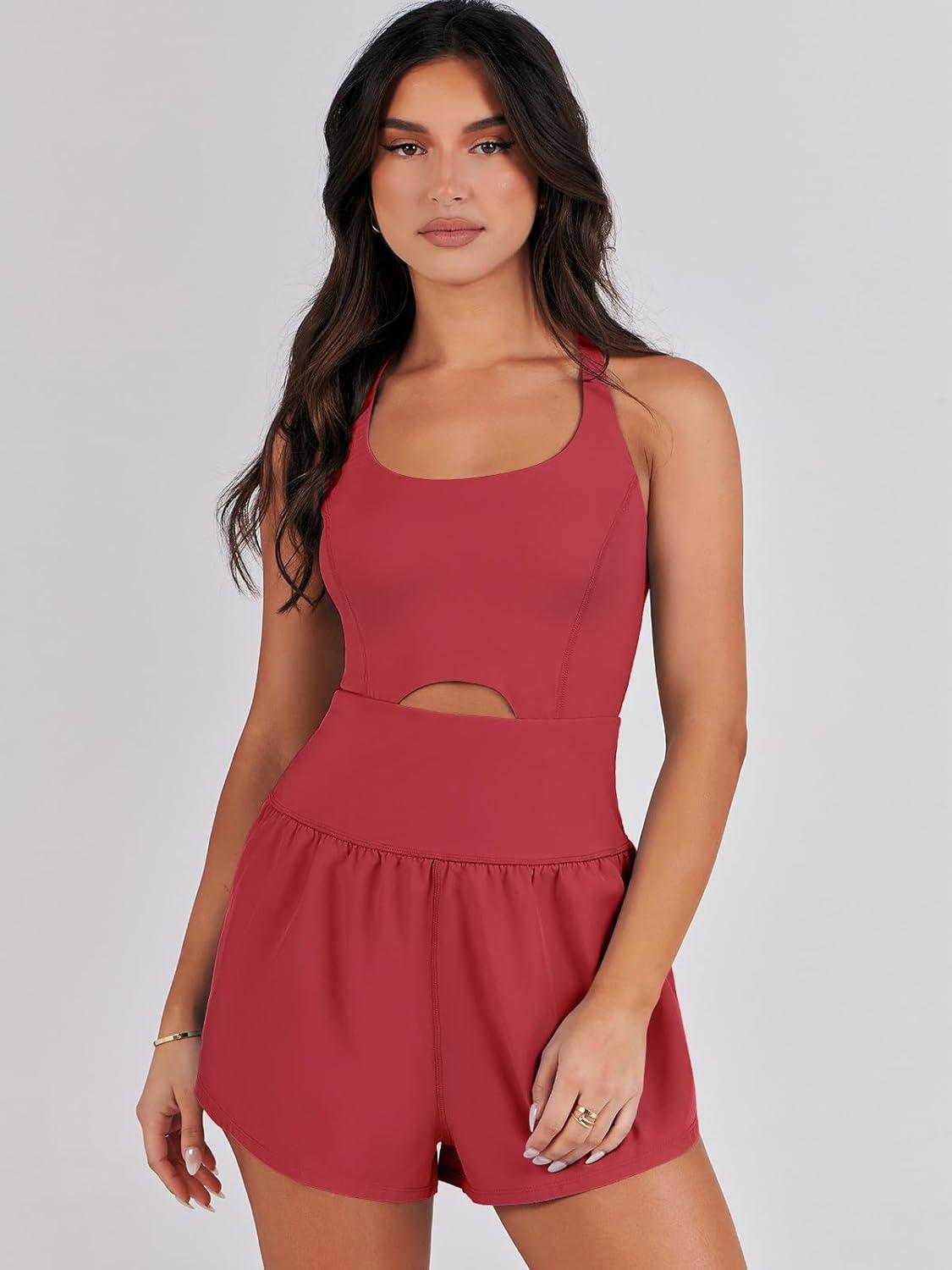 imageCaracilia Womens Workout Athletic Romper Summer Sets Short Jumpsuits Onesie Running Outfits Exercise Gym 2025 Trendy ClothesRed