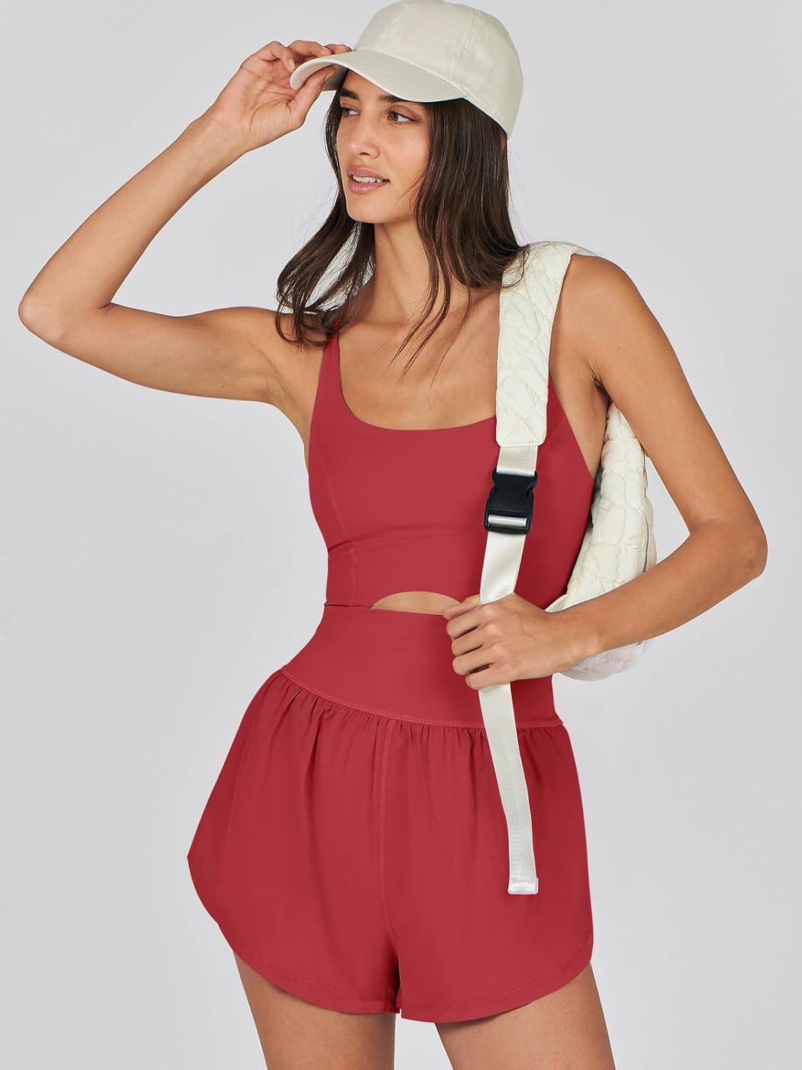 imageCaracilia Womens Workout Athletic Romper Summer Sets Short Jumpsuits Onesie Running Outfits Exercise Gym 2025 Trendy ClothesRed